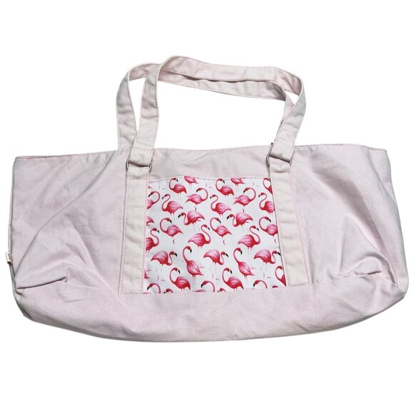 Pink Canvas Tote Bag Flamingo Print Lined Pocket Zippered Compartments By DEI - Picture 3 of 13